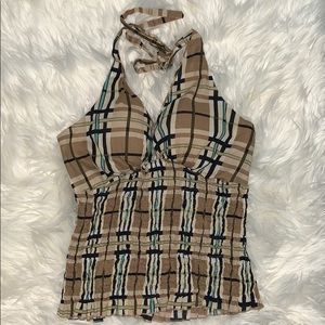 Plaid spaghetti strap backless halter top